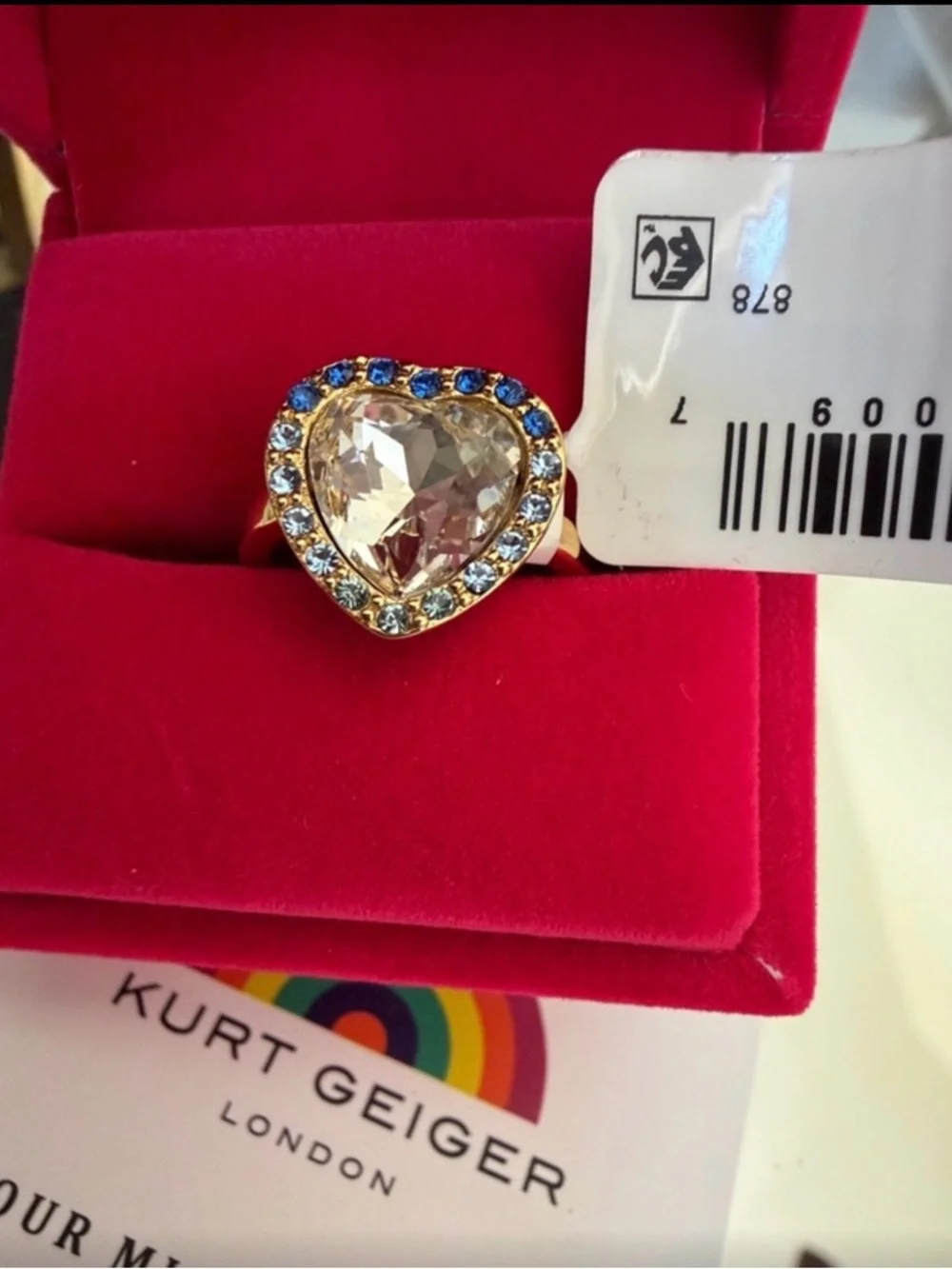 Kurt Geiger Gold-Tone Heart Ring with Clear and Blue Stones